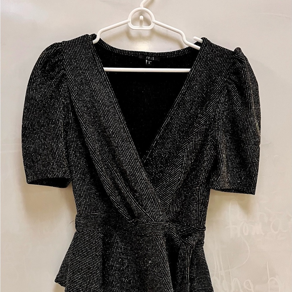 Iris Size Small Black Silver Metallic Thread Faux Wrap Top Glam Goth Minimalist
